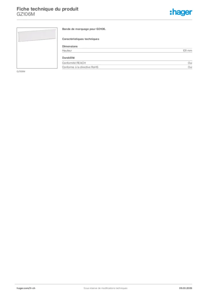 Image Hager Fiche technique du produit GZ106M | Hager Suisse