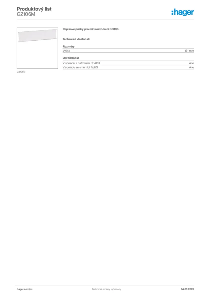 Obrázek Hager Product data sheet GZ106M | Hager