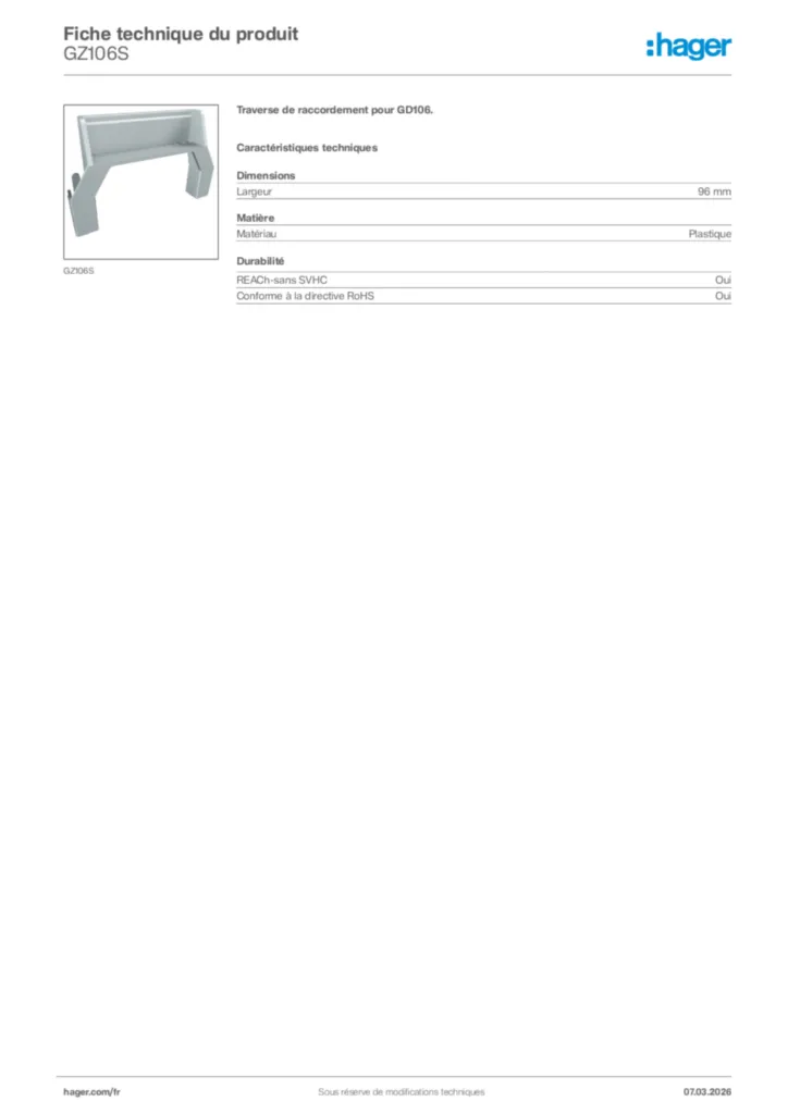 Image Hager Fiche technique du produit GZ106S | Hager France
