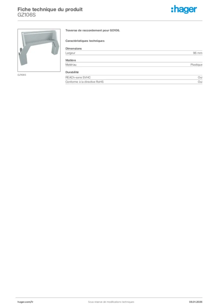 Image Hager Fiche technique du produit GZ106S | Hager France