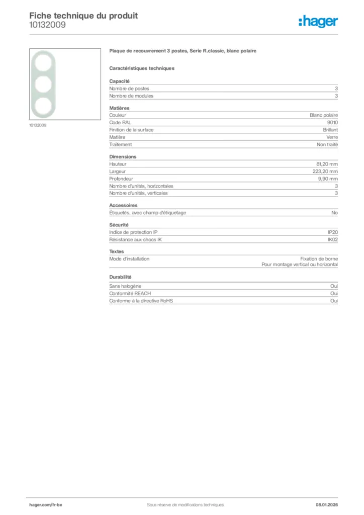 Image Hager Fiche technique du produit 10132009 | Hager Belgique
