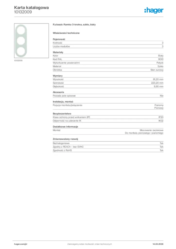 Zdjęcie Hager Karta katalogowa 10132009 | Hager Polska