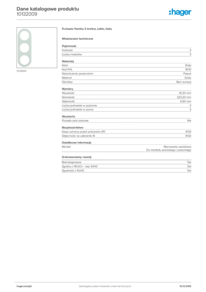 Zdjęcie Hager Karta katalogowa 10132009 | Hager Polska
