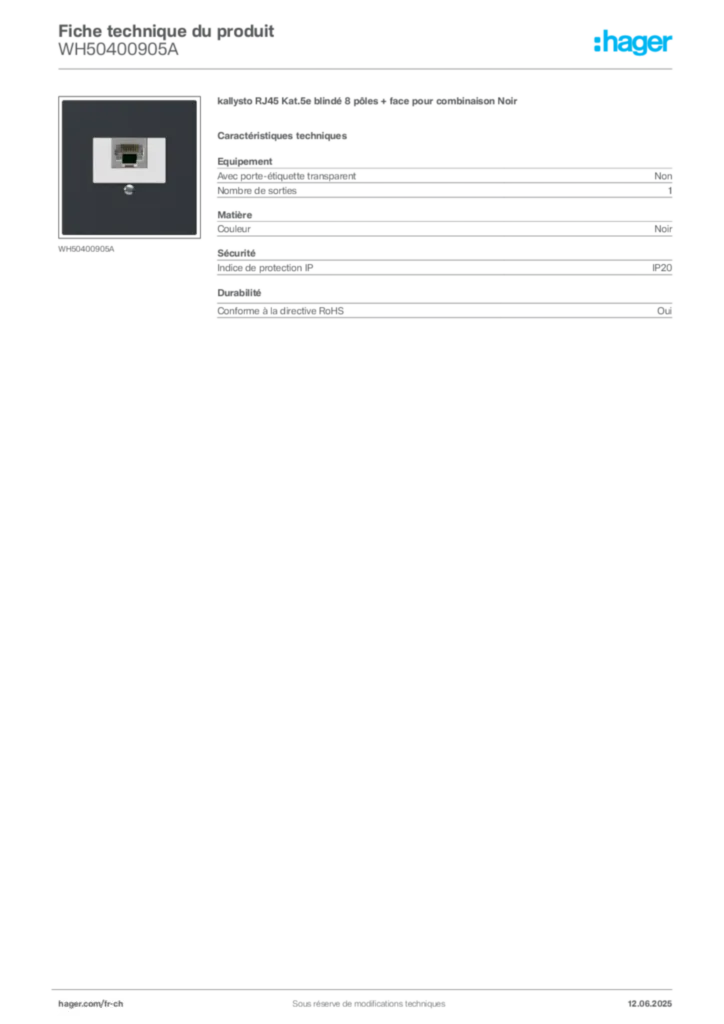 Image Hager Fiche technique du produit WH50400905A | Hager Suisse