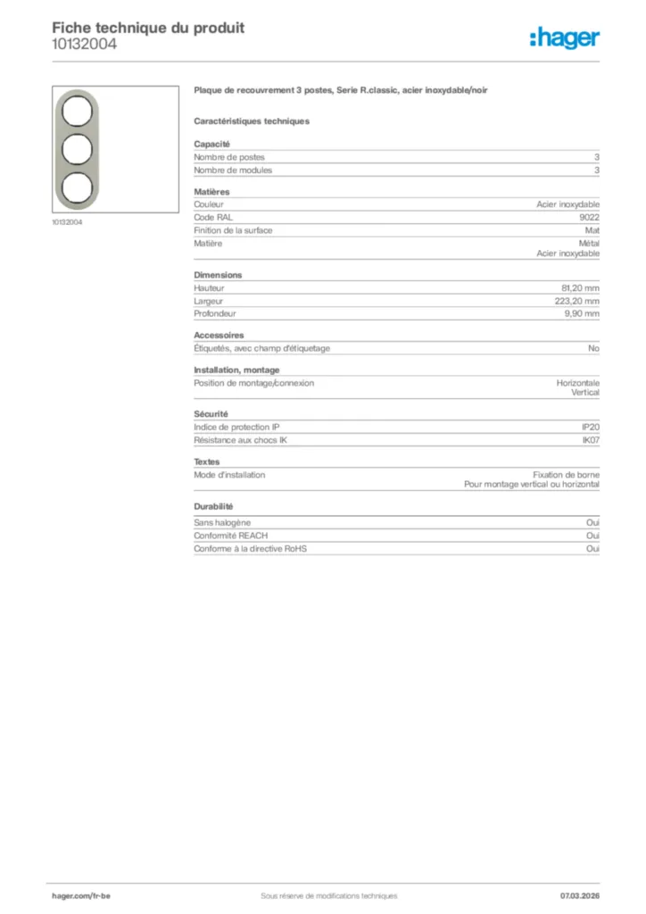 Image Hager Fiche technique du produit 10132004 | Hager Belgique