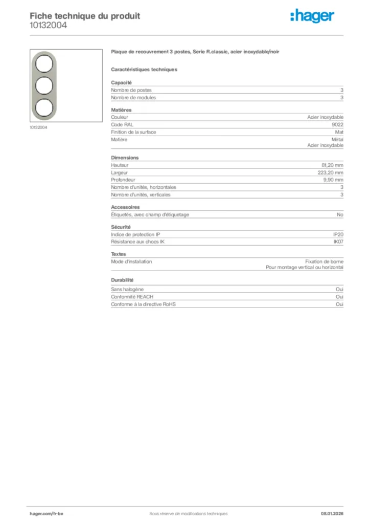 Image Hager Fiche technique du produit 10132004 | Hager Belgique
