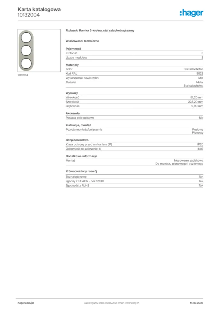 Zdjęcie Hager Karta katalogowa 10132004 | Hager Polska