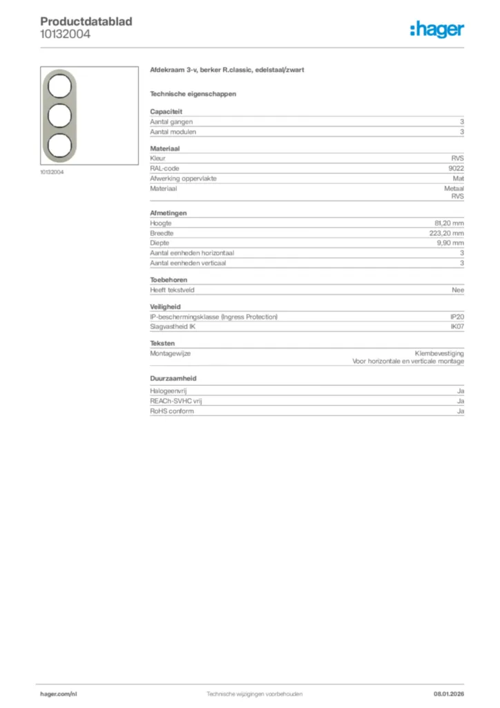 Afbeelding Hager Productdatablad 10132004 | Hager Nederland
