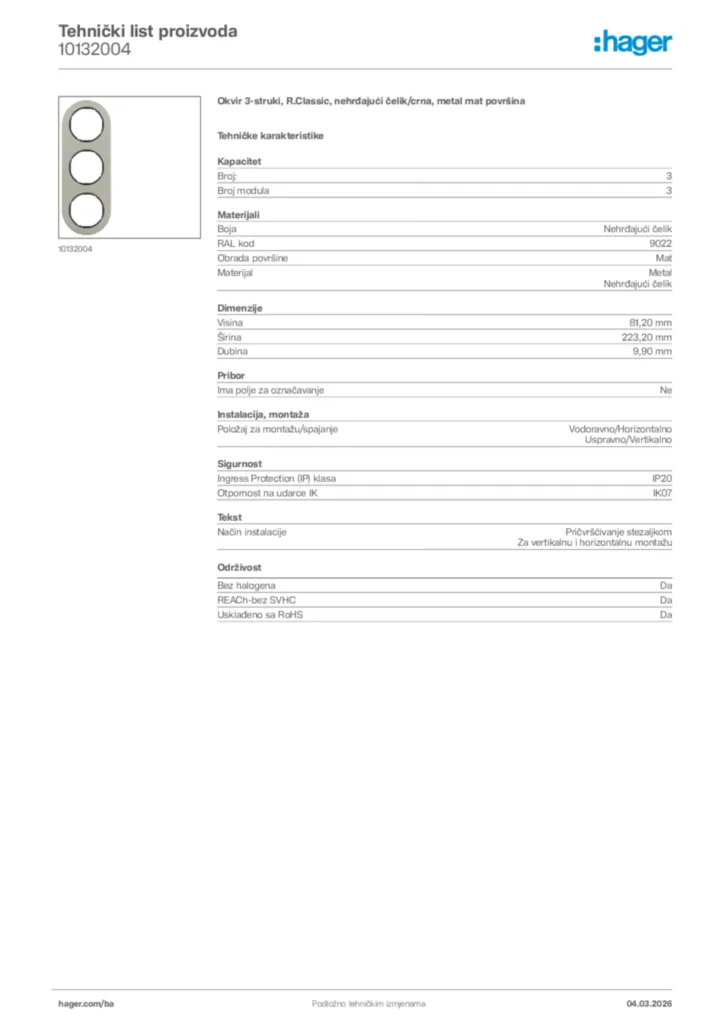 Slika Hager Tehnički list proizvoda 10132004  | Hager