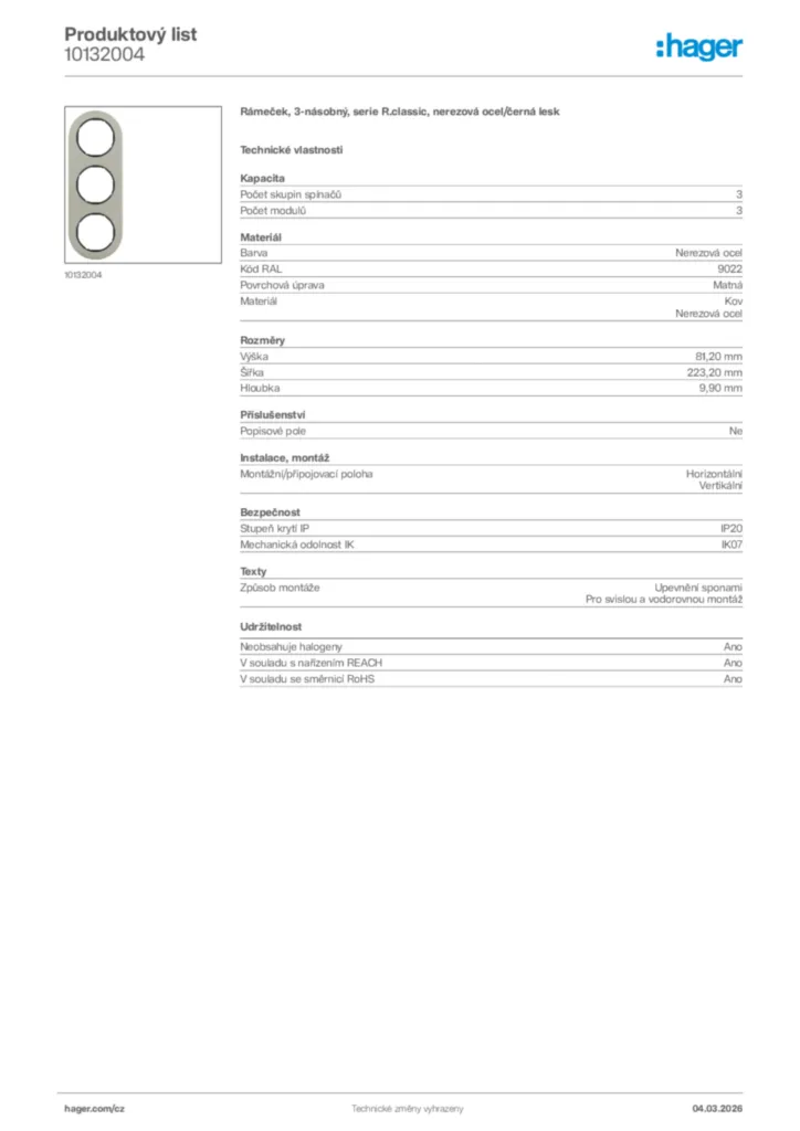 Obrázek Hager Product data sheet 10132004 | Hager