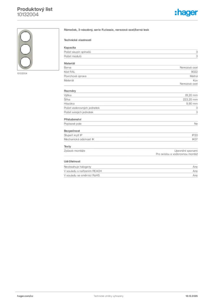Obrázek Hager Produktový list 10132004 | Hager