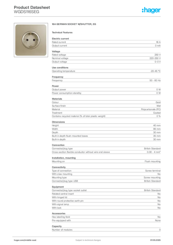 Image Hager Product data sheet WGDS116SEG  | Hager