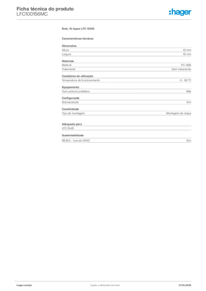 Imagem Hager Ficha técnica do produto LFC100156MC | Hager Portugal