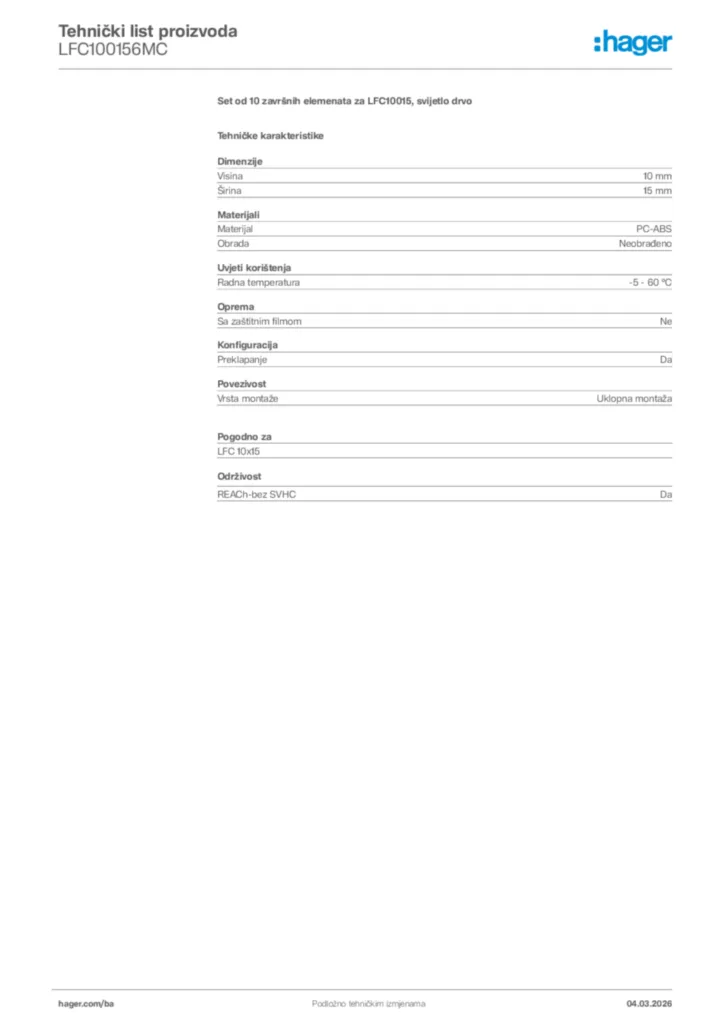 Slika Hager Tehnički list proizvoda LFC100156MC  | Hager