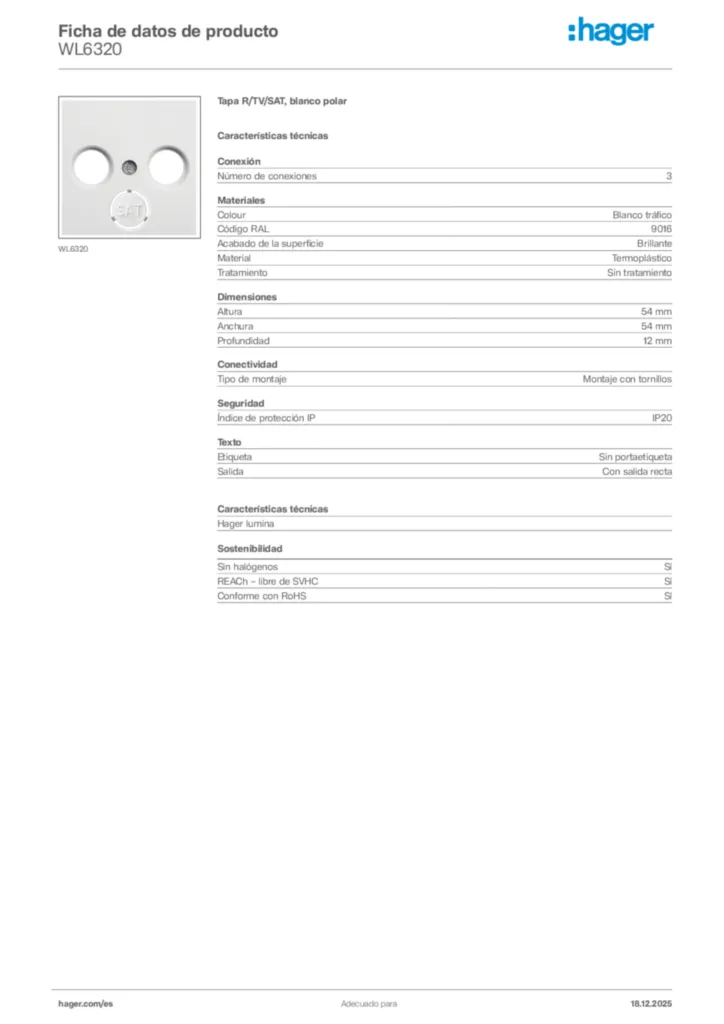 Imagen Hager Ficha de datos de producto WL6320 | Hager España
