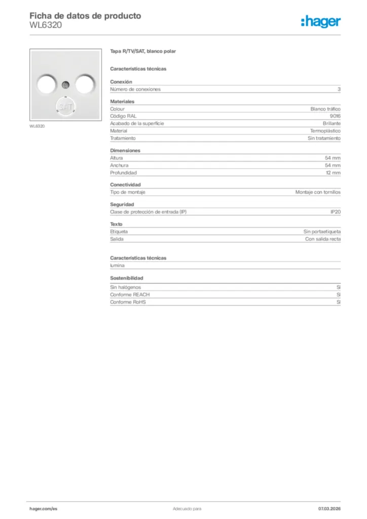 Imagen Hager Ficha de datos de producto WL6320 | Hager España