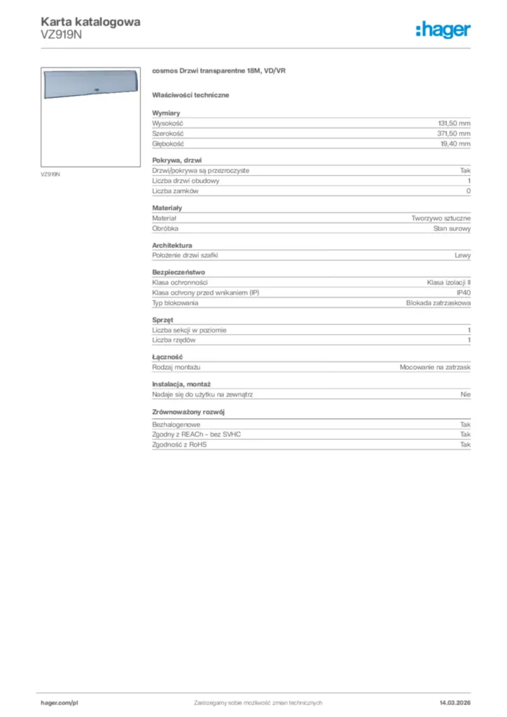Zdjęcie Hager Karta katalogowa VZ919N | Hager Polska