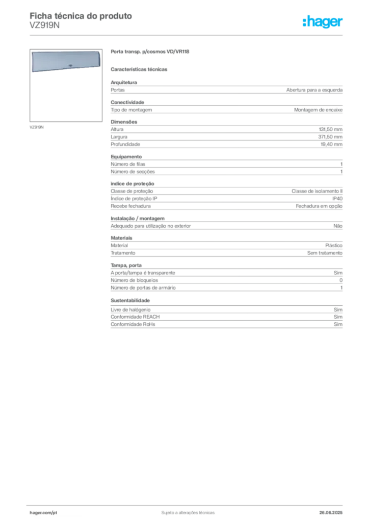 Imagem Hager Ficha técnica do produto VZ919N | Hager Portugal