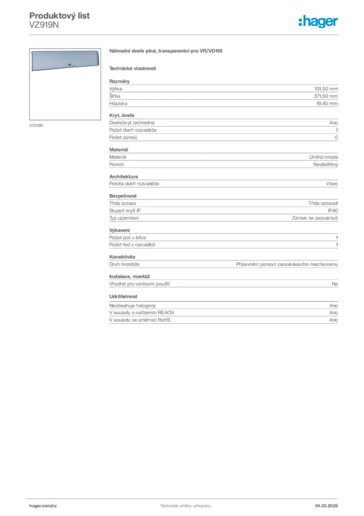 Obrázek Hager Product data sheet VZ919N | Hager