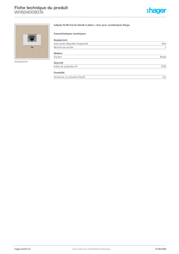 Image Hager Fiche technique du produit WH50400907A | Hager Suisse