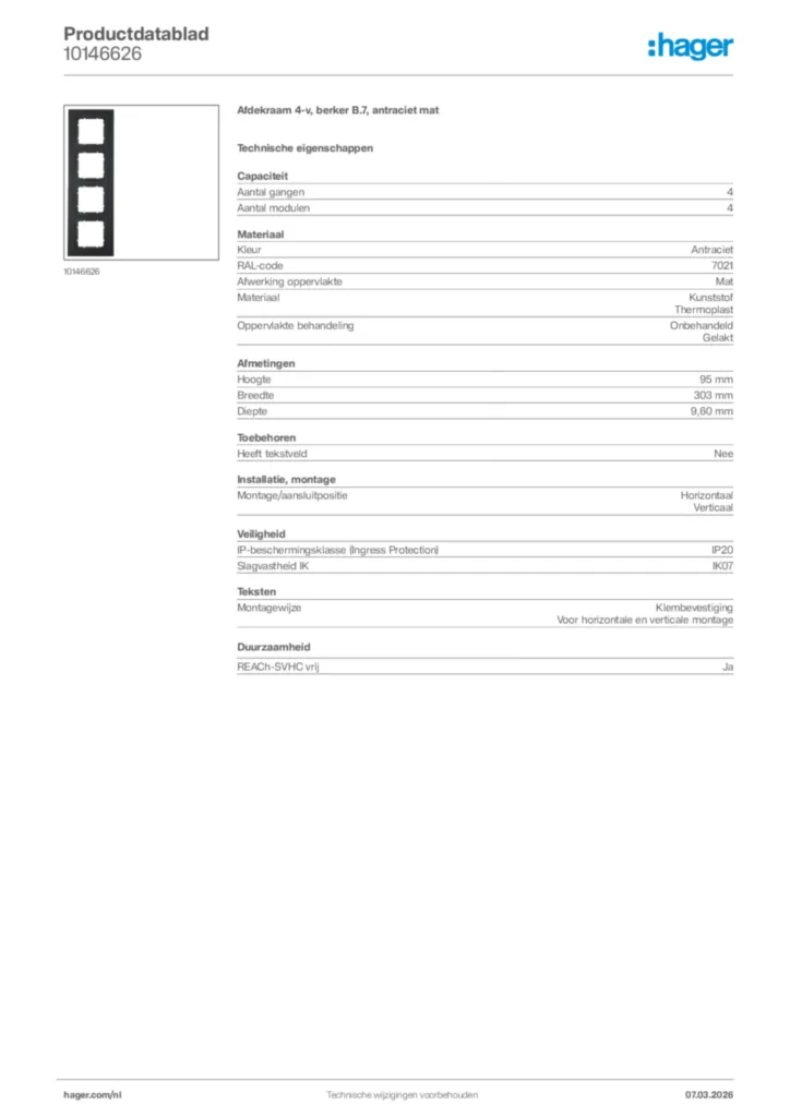 Afbeelding Hager Productdatablad 10146626 | Hager Nederland