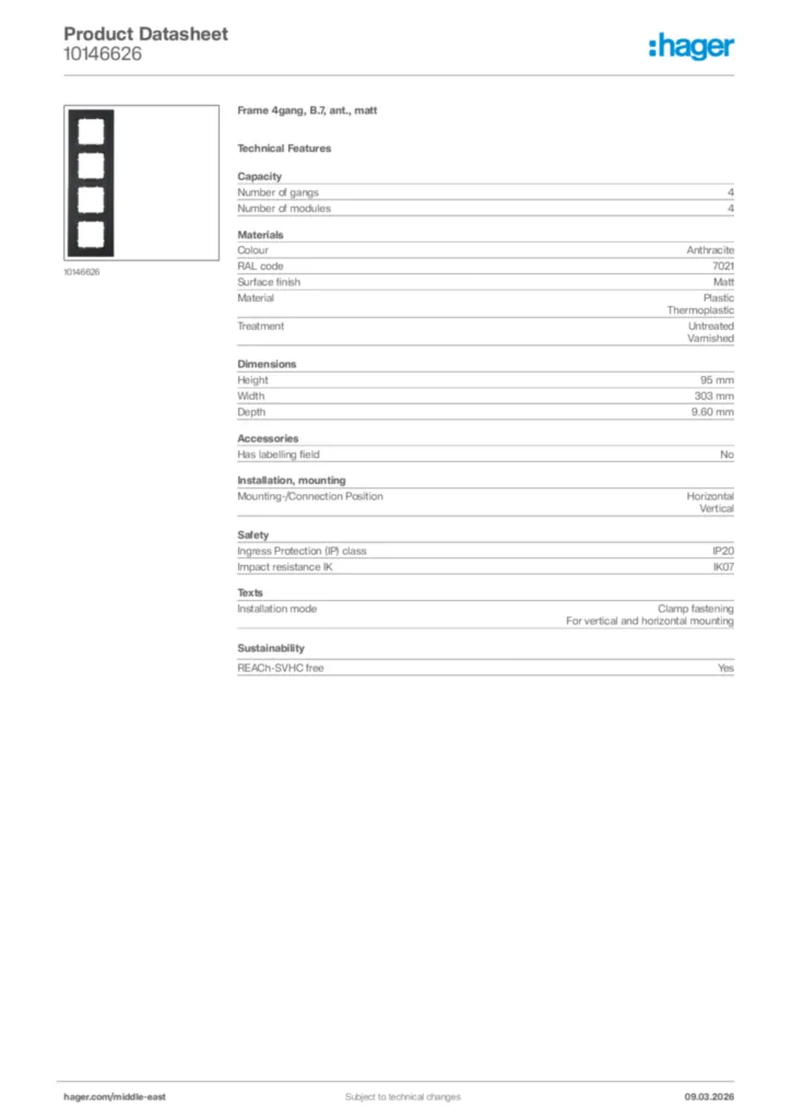 Image Hager Product data sheet 10146626  | Hager