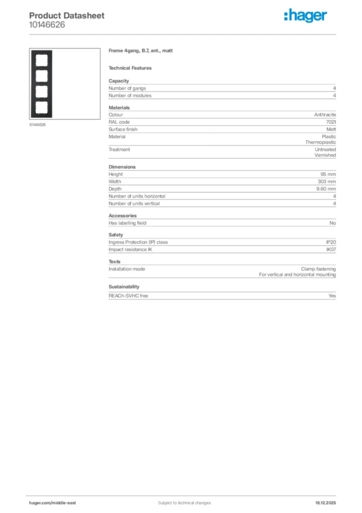Image Hager Product data sheet 10146626  | Hager