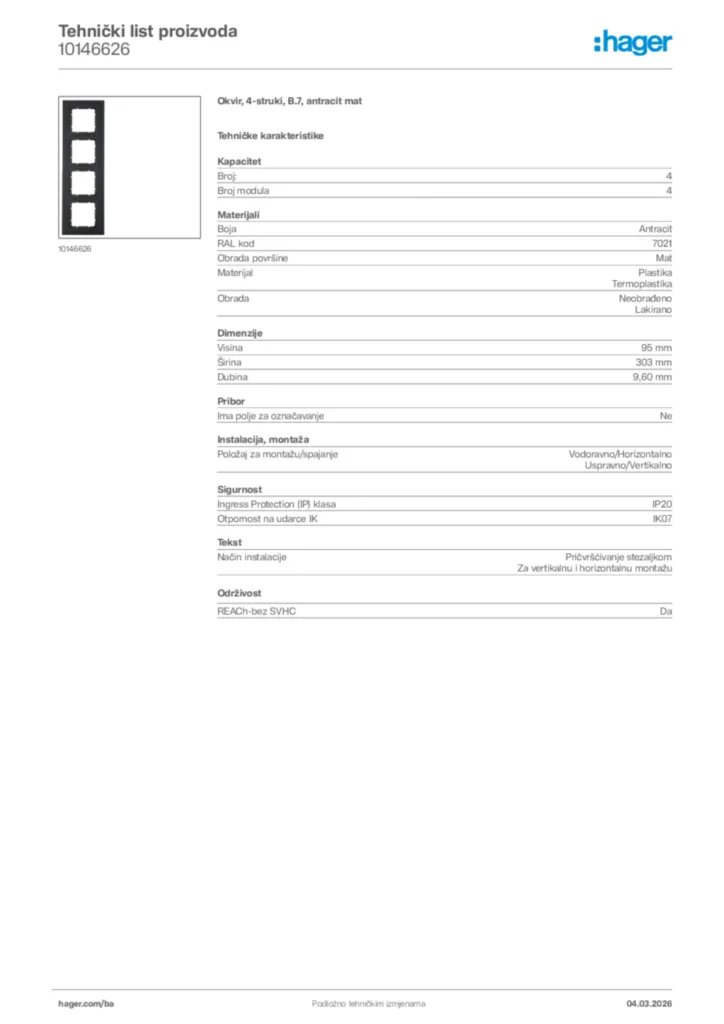 Slika Hager Tehnički list proizvoda 10146626  | Hager