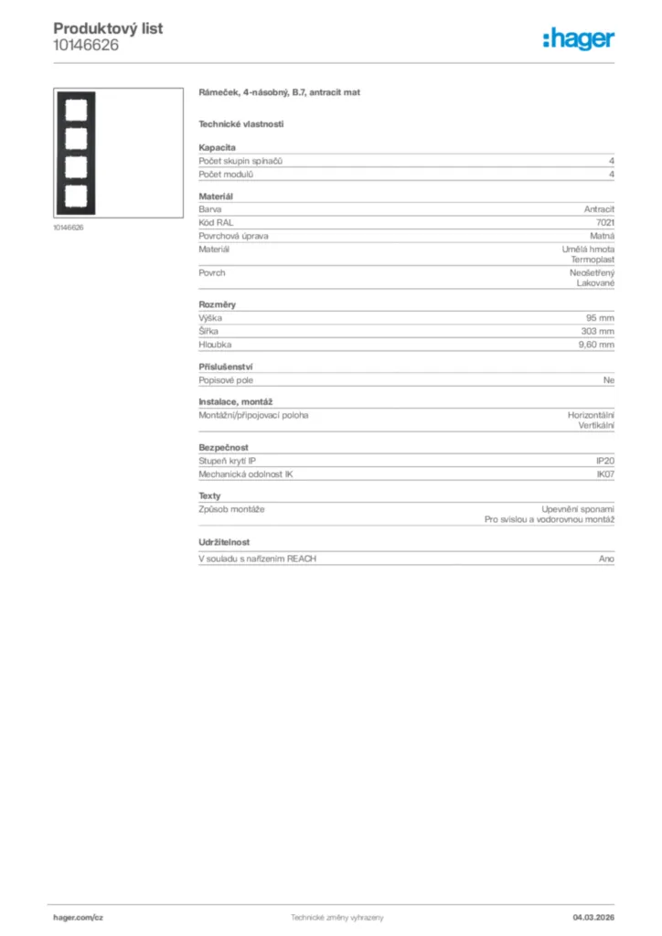 Obrázek Hager Product data sheet 10146626 | Hager