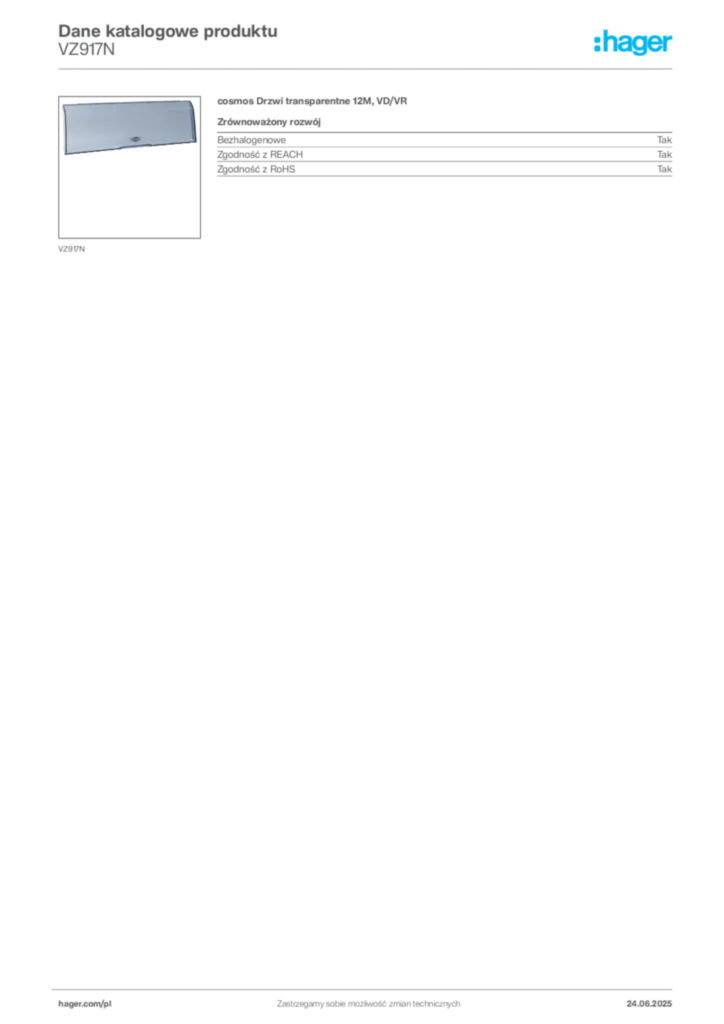 Zdjęcie Hager Karta katalogowa VZ917N | Hager Polska