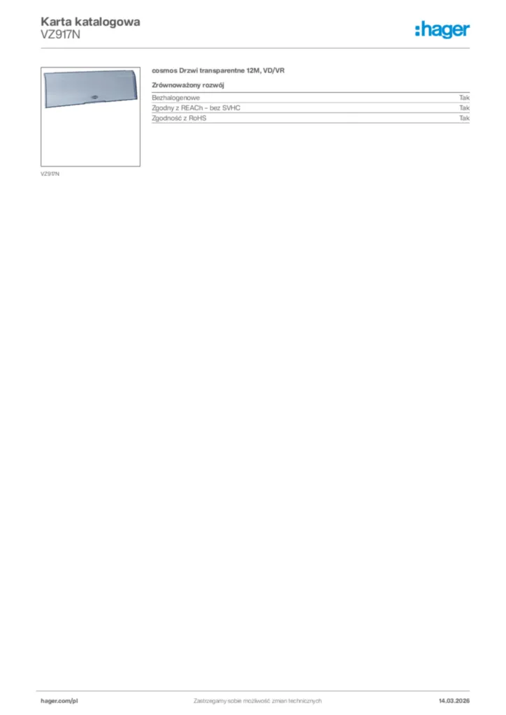 Zdjęcie Hager Karta katalogowa VZ917N | Hager Polska