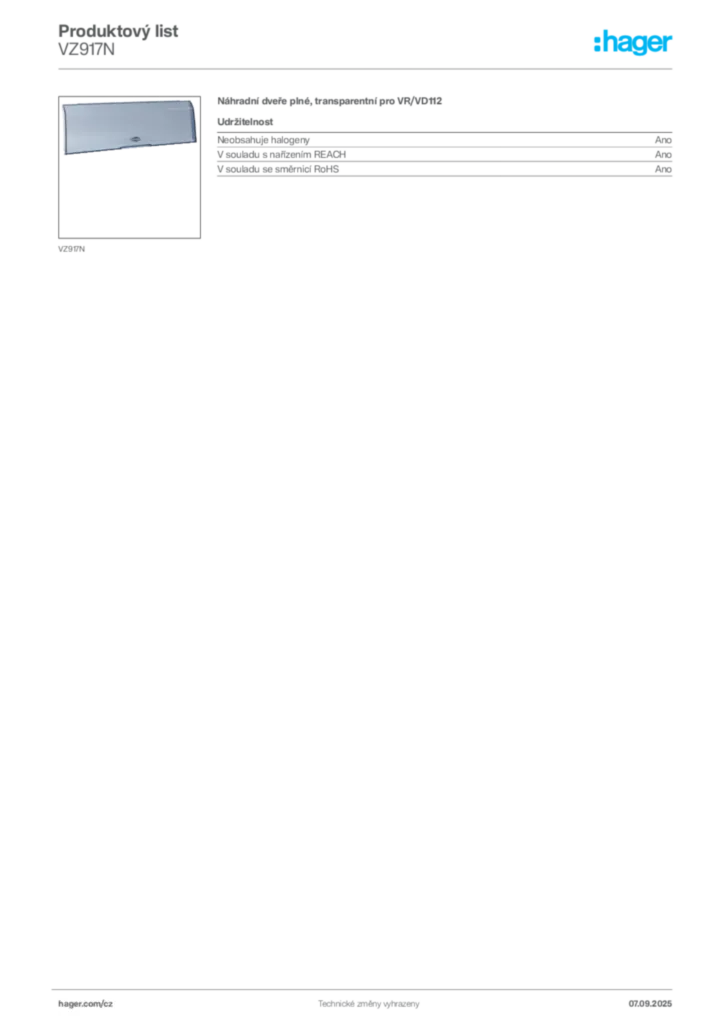Obrázek Hager Produktový list VZ917N | Hager