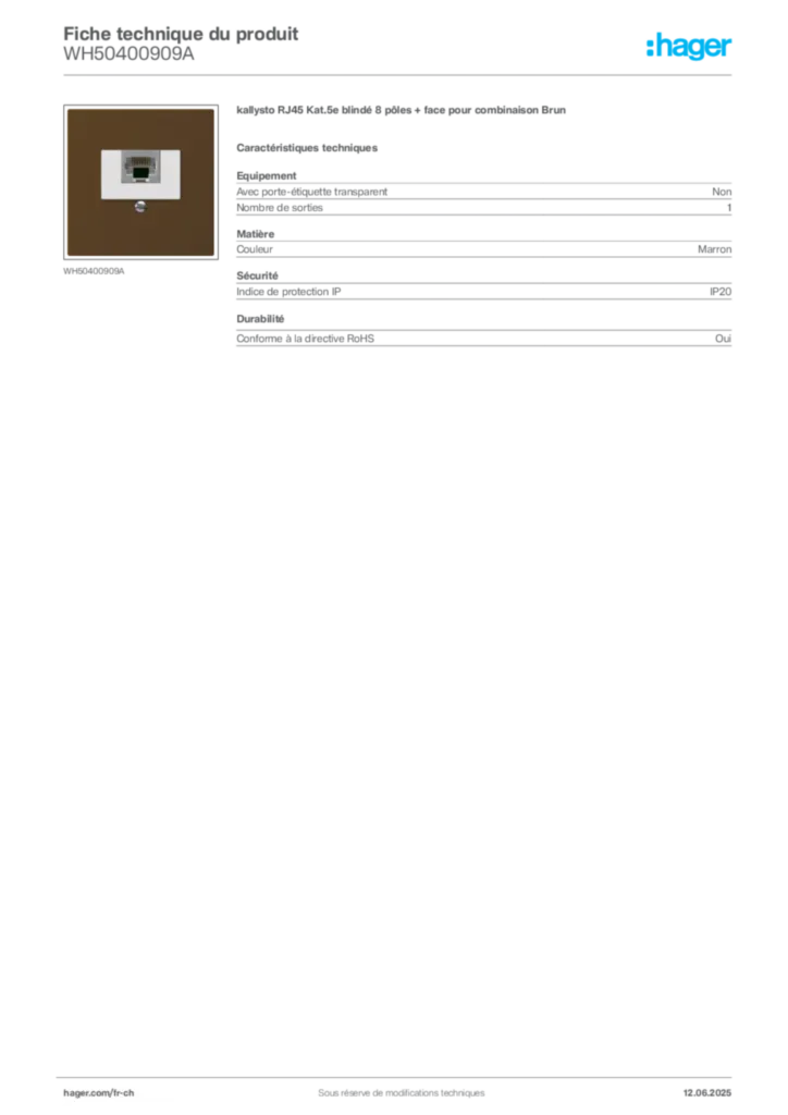 Image Hager Fiche technique du produit WH50400909A | Hager Suisse