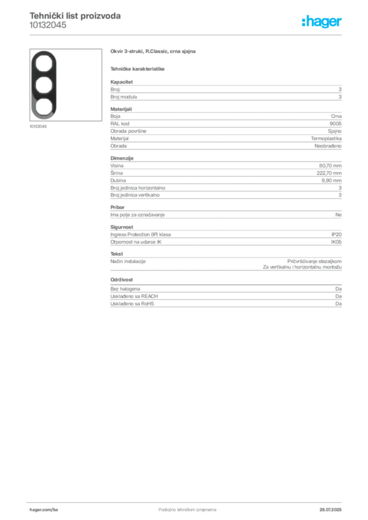 Slika Hager Product data sheet 10132045  | Hager