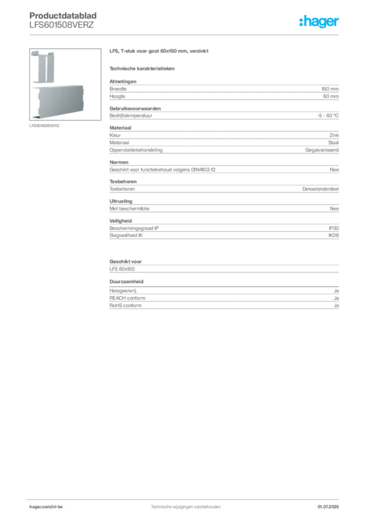 Afbeelding Hager Productdatablad LFS601508VERZ | Hager Belgium
