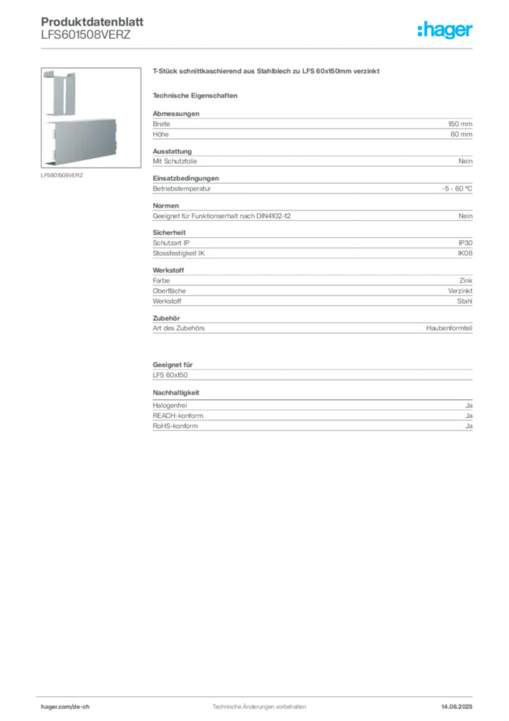 Bild Hager Produktdatenblatt LFS601508VERZ | Hager Schweiz