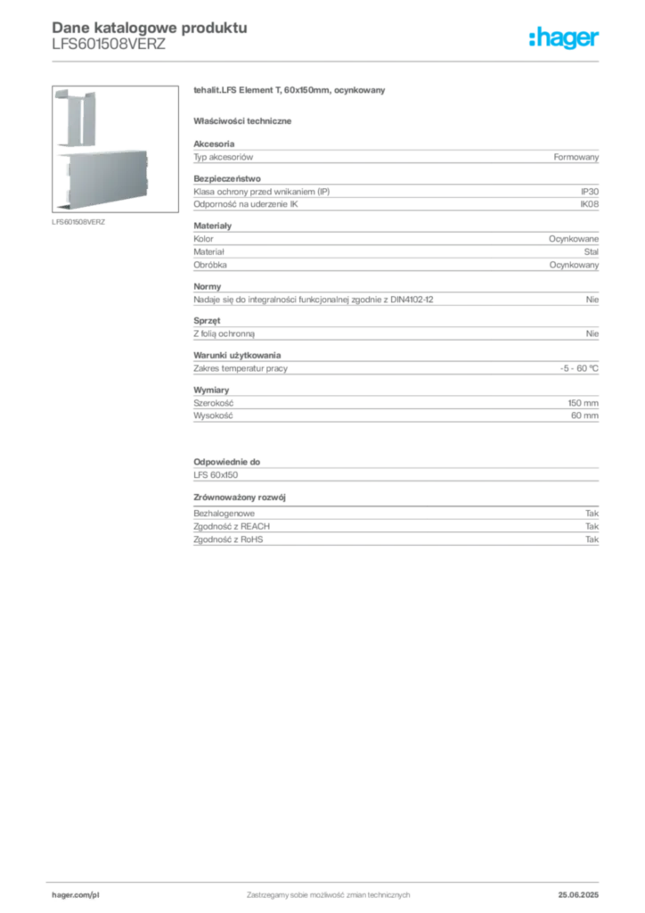 Zdjęcie Hager Karta katalogowa LFS601508VERZ | Hager Polska