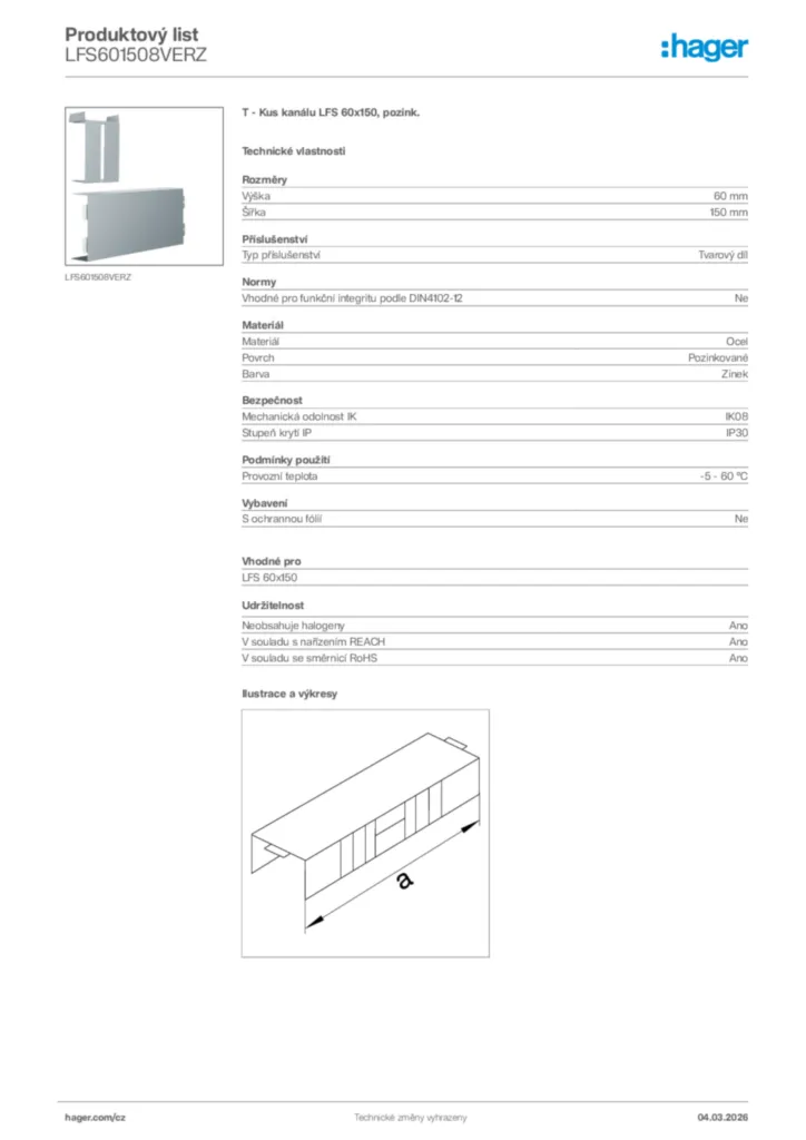 Obrázek Hager Product data sheet LFS601508VERZ | Hager
