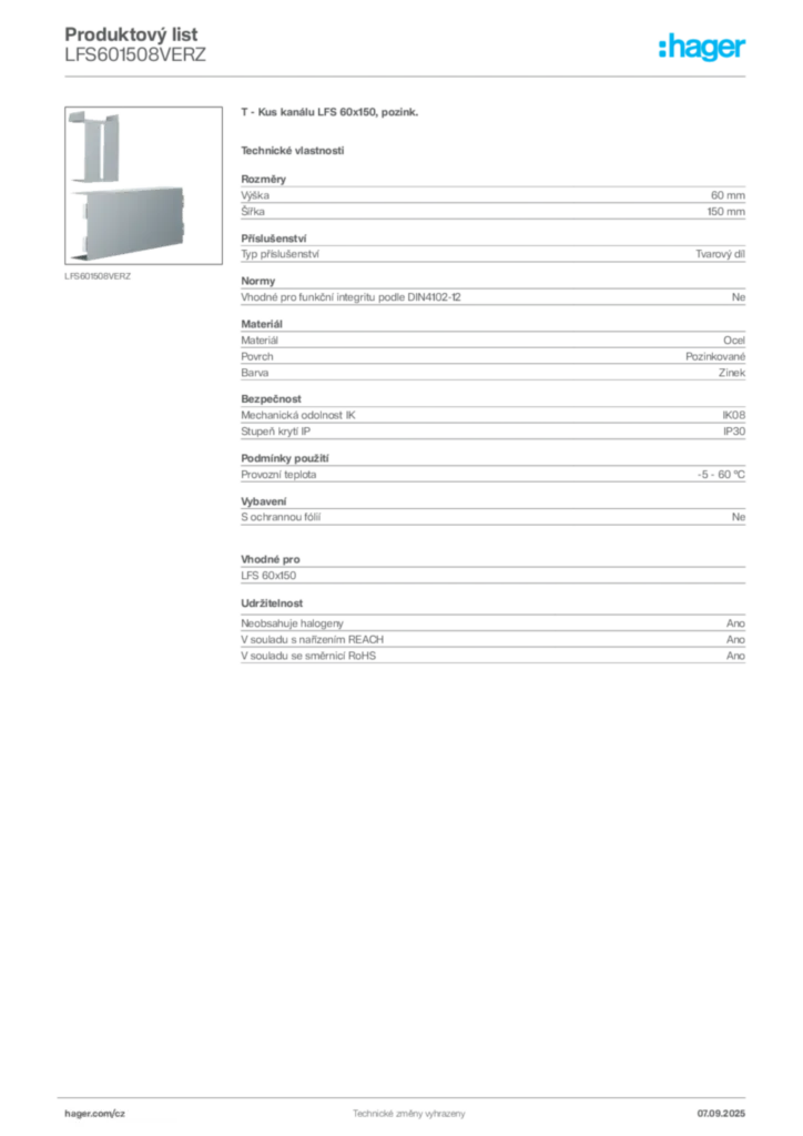 Obrázek Hager Produktový list LFS601508VERZ | Hager