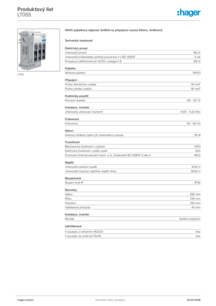 Obrázek Hager Product data sheet LT055 | Hager