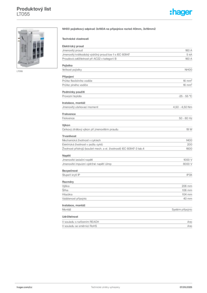 Obrázek Hager Produktový list LT055 | Hager