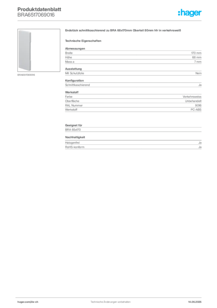 Bild Hager Produktdatenblatt BRA6517069016 | Hager Schweiz