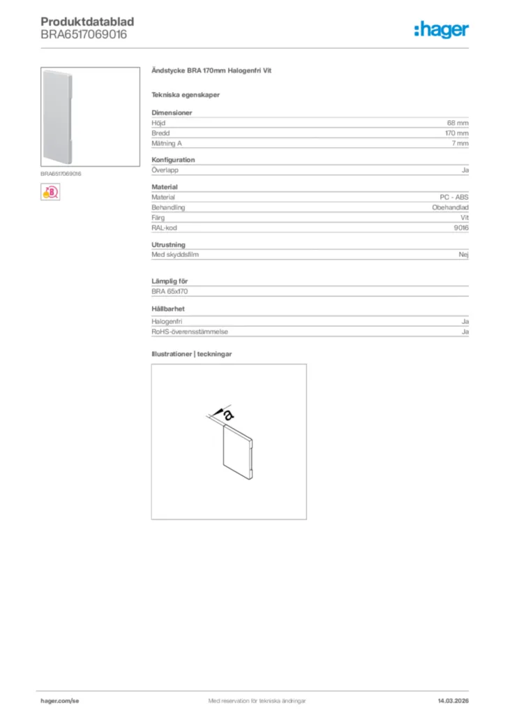 Bild Hager Produktdatablad BRA6517069016 | Hager Sverige