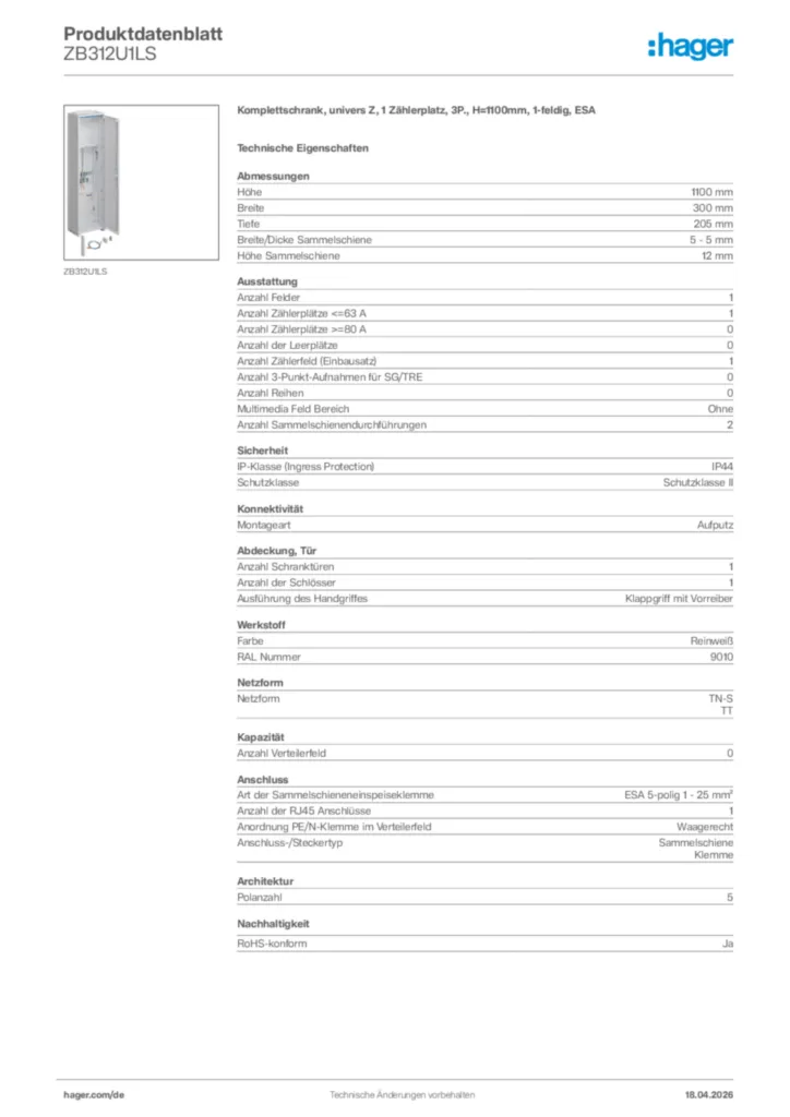 Bild Hager Produktdatenblatt ZB312U1LS | Hager Deutschland