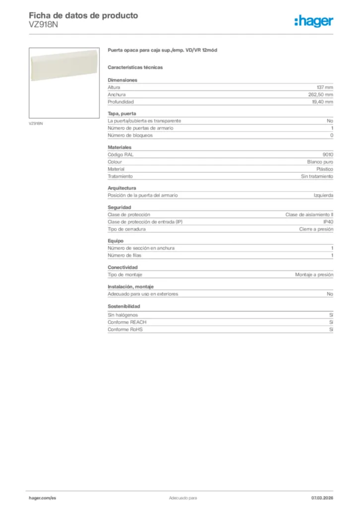 Imagen Hager Ficha de datos de producto VZ918N | Hager España