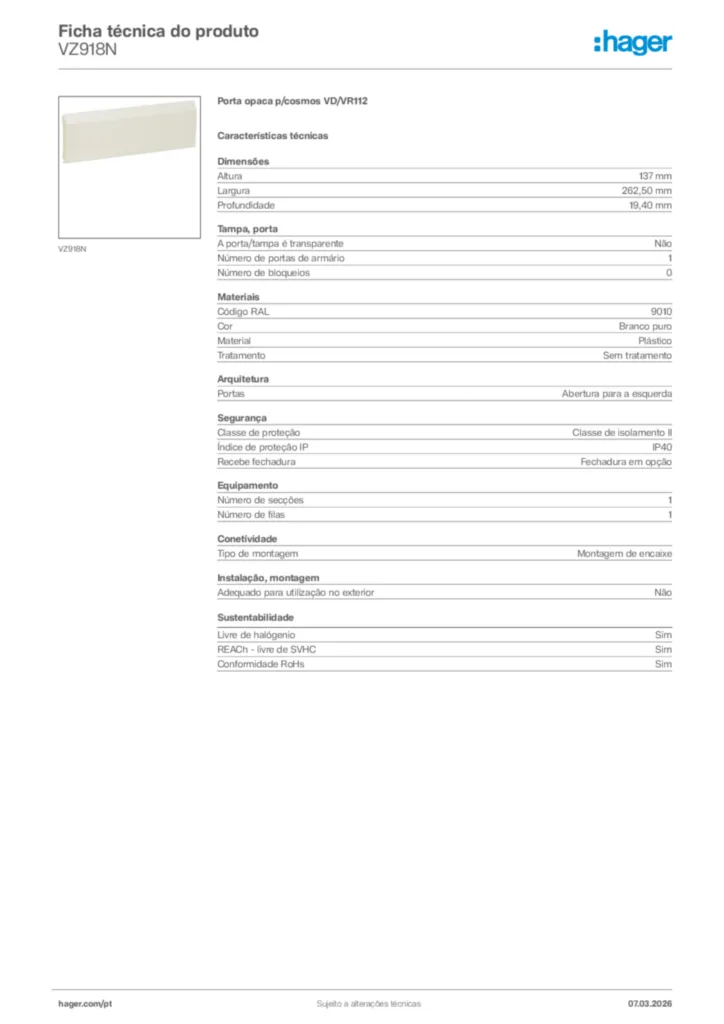 Imagem Hager Ficha técnica do produto VZ918N | Hager Portugal