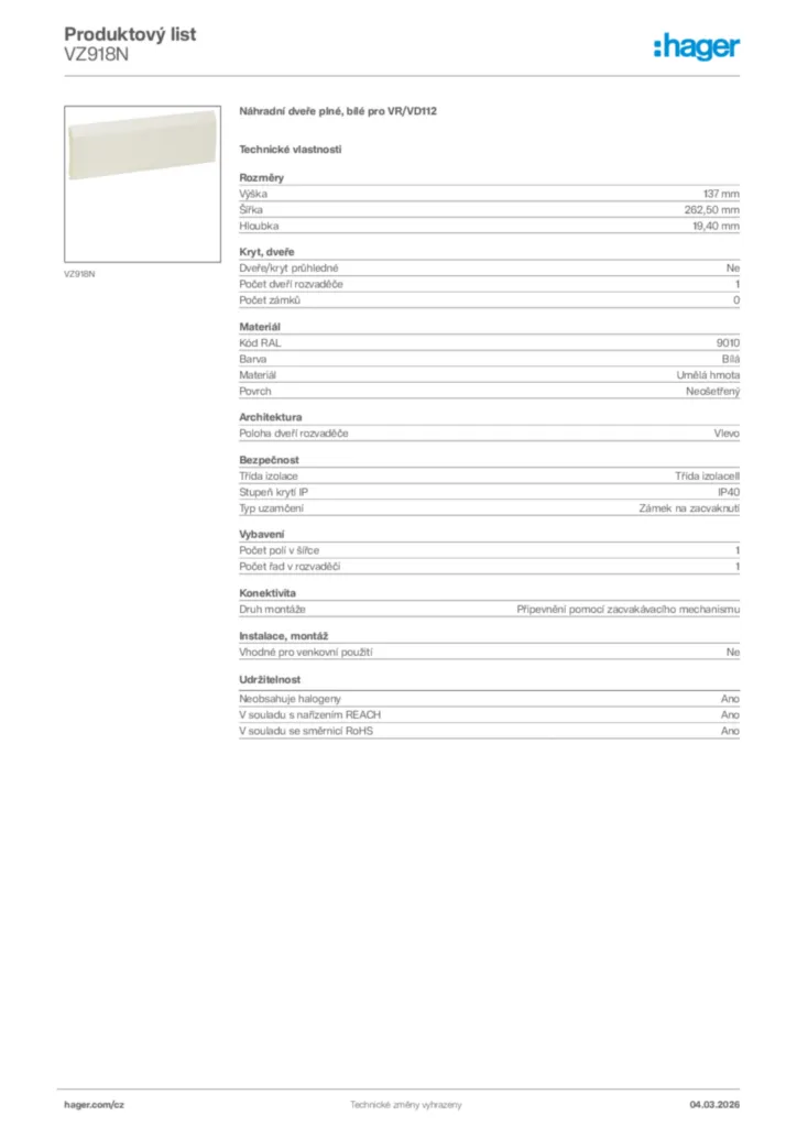 Obrázek Hager Product data sheet VZ918N | Hager