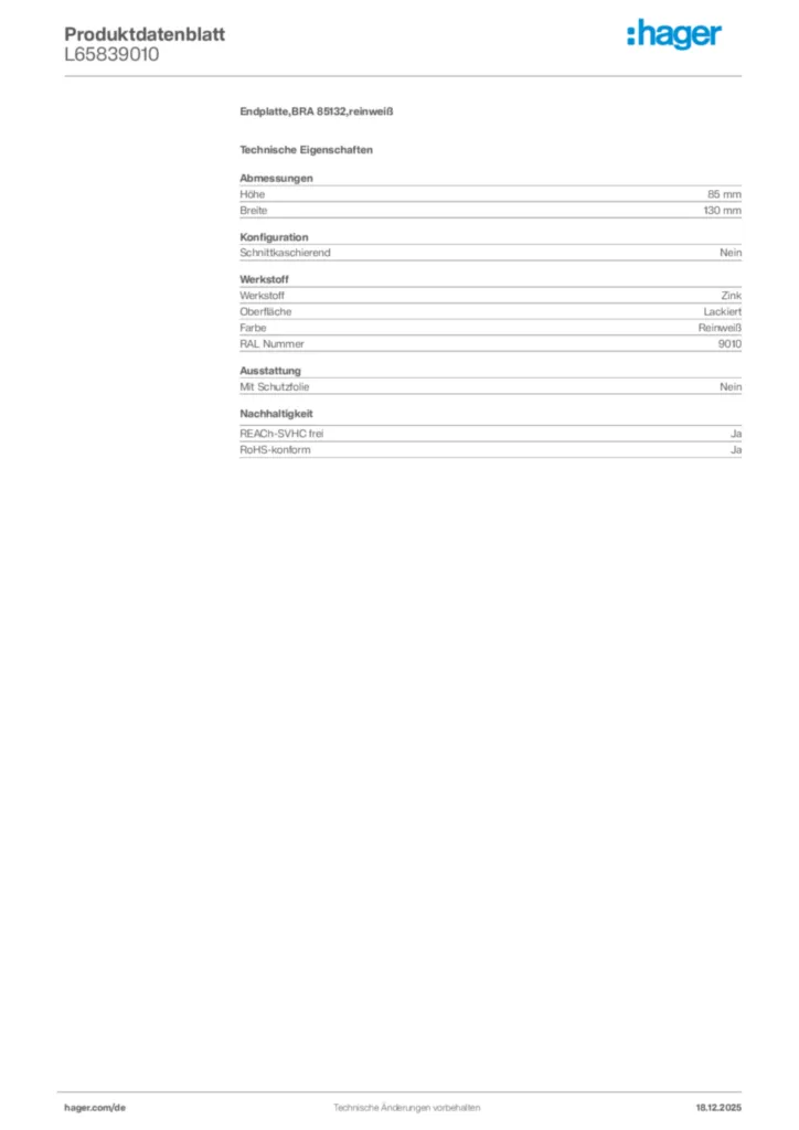 Bild Hager Produktdatenblatt L65839010 | Hager Deutschland