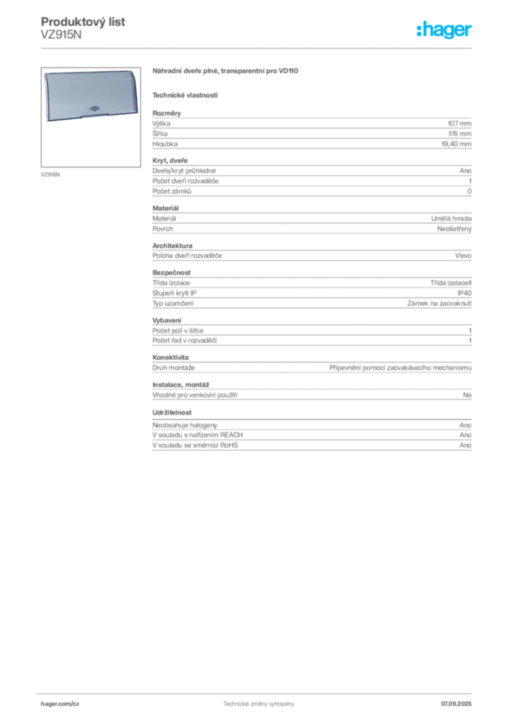 Obrázek Hager Produktový list VZ915N | Hager