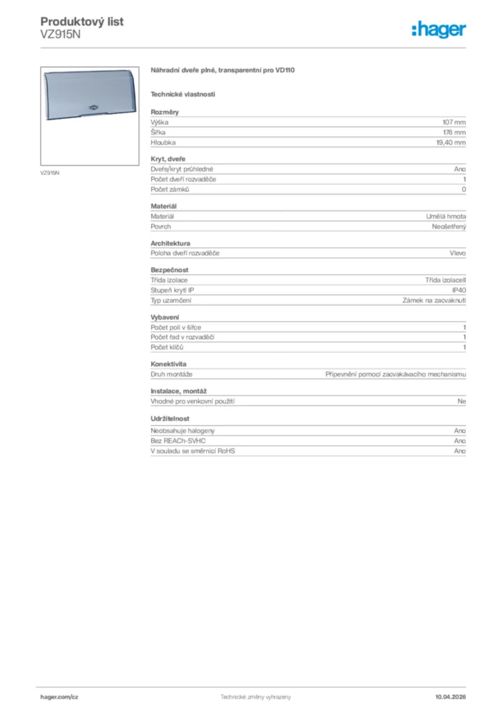 Obrázek Hager Product data sheet VZ915N | Hager